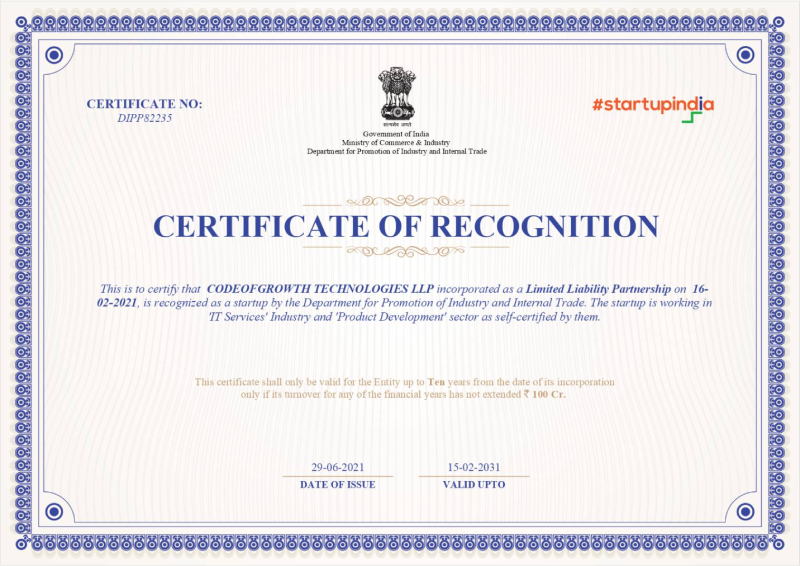 Sartup India Certificate of Recognition